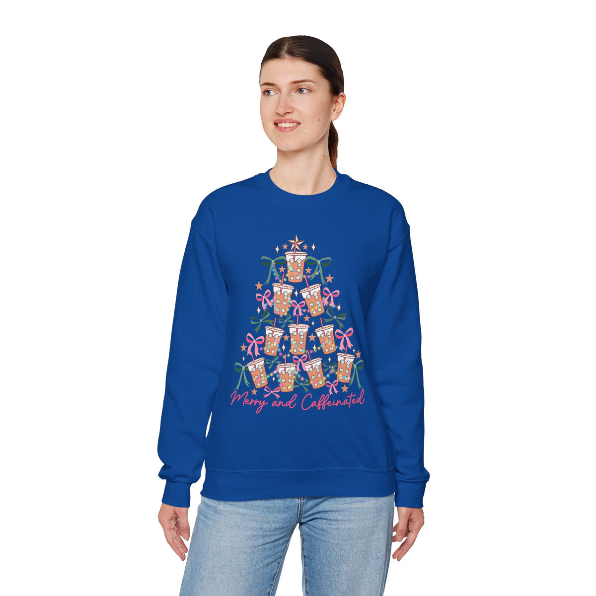 Merry and Caffeinated Iced Coffee Christmas Tree – Gildan Heavy Blend | Trendy Women’s Soft Sweatshirt. Direct to Garment. Printed & Shipped in the USA. Unisex Sizes.