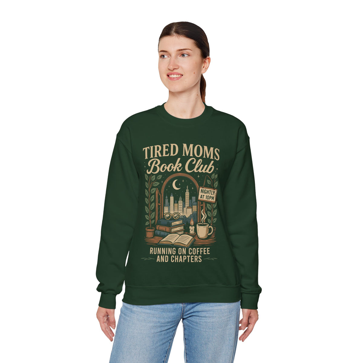 Tired Moms Book Club Running on Coffee and Chapters – Gildan Heavy Blend | Trendy Women’s Soft Sweatshirt. Direct to Garment. Printed & Shipped in the USA. Unisex Sizes.