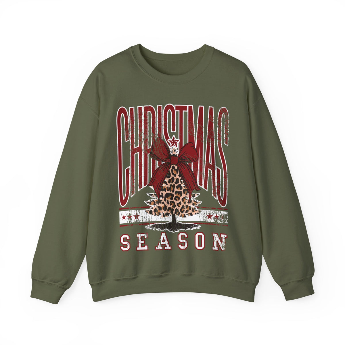 Christmas Season Leopard Tree Distressed – Gildan Heavy Blend | Trendy Women’s Soft Sweatshirt. Direct to Garment. Printed & Shipped in the USA. Unisex Sizes.