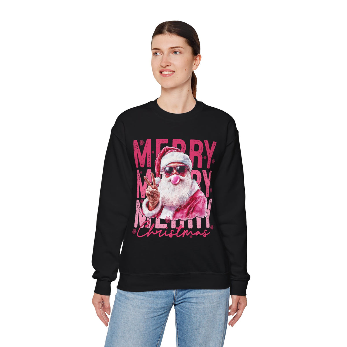 Pink Merry Christmas Bubblegum Santa – Gildan Heavy Blend | Trendy Women’s Soft Sweatshirt. Direct to Garment. Printed & Shipped in the USA. Unisex Sizes.