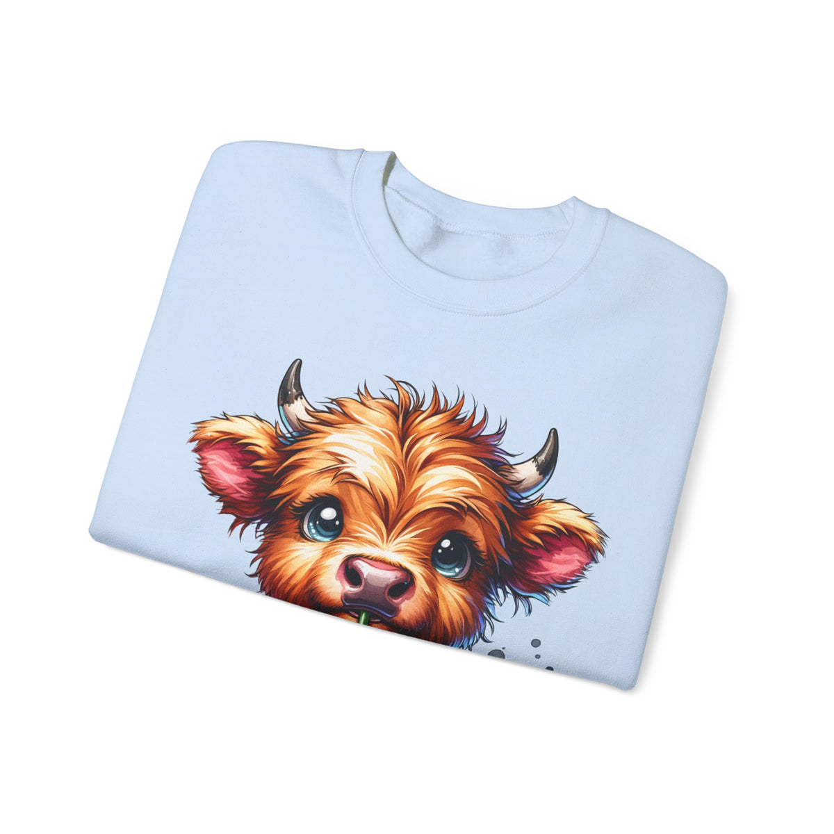 Coffee Addict Highland Cow Drinking Iced Coffee – Gildan Heavy Blend | Trendy Women’s Soft Sweatshirt. Direct to Garment. Printed & Shipped in the USA. Unisex Sizes.