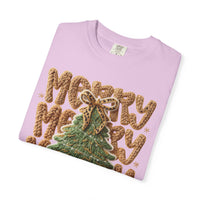 Merry Merry Merry Christmas, Faux Latch Hook Yarn - Comfort Colors | Trendy Women's T-Shirt. Direct to Garment. Printed & Shipped in the USA. Unisex Sizes.