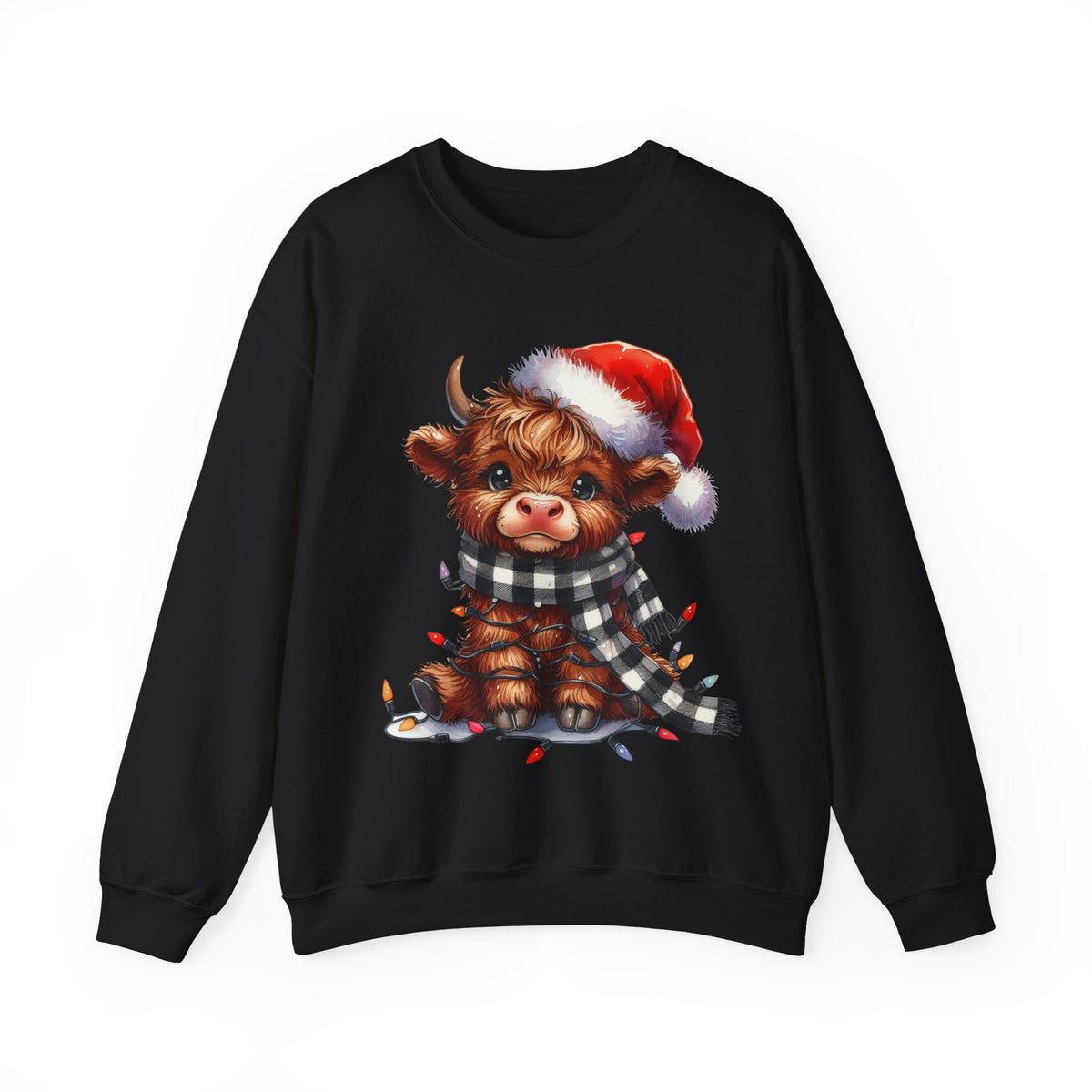 Cute Highland Cow Santa Hat Scarf Christmas Lights – Gildan Heavy Blend | Trendy Women’s Soft Sweatshirt. Direct to Garment. Printed & Shipped in the USA. Unisex Sizes.
