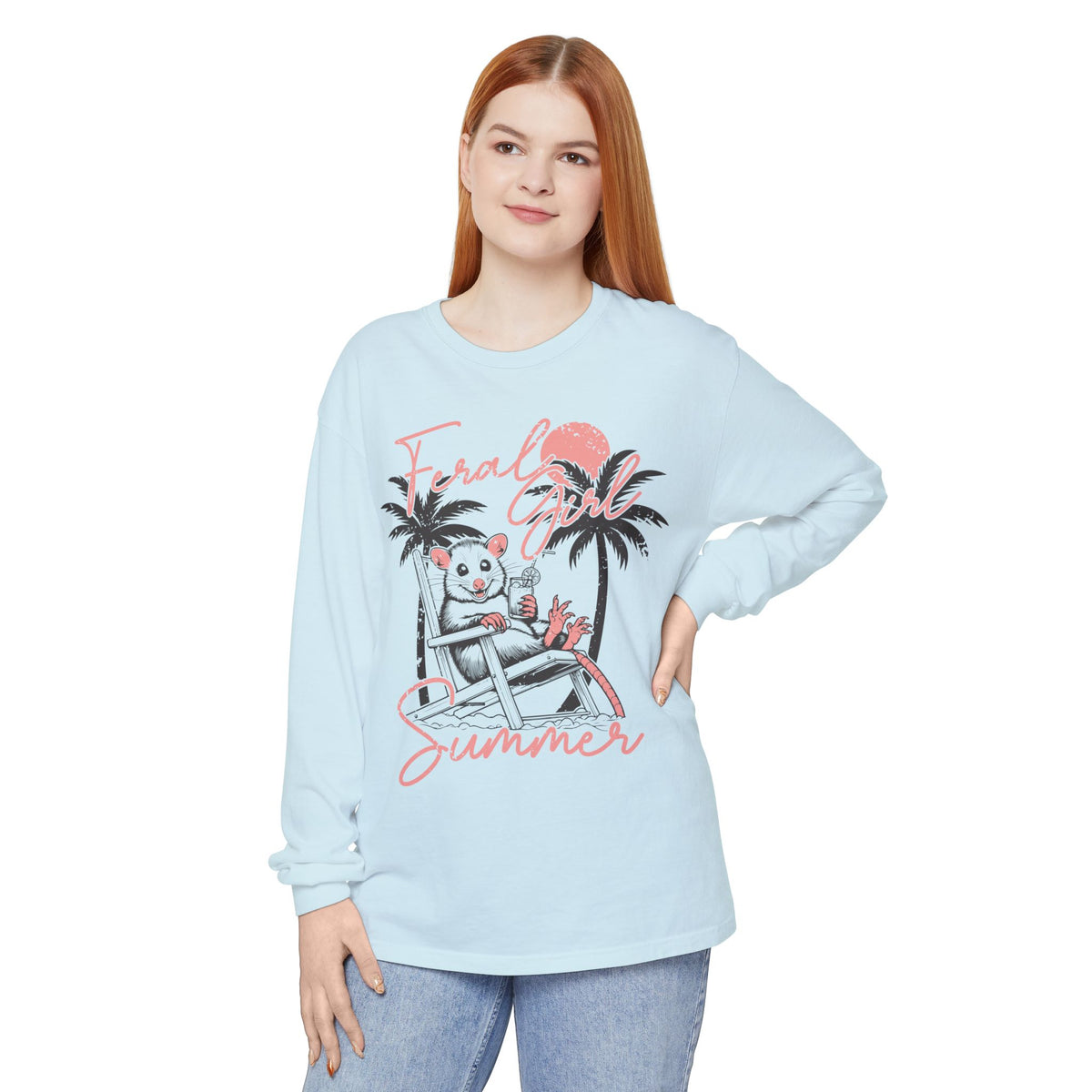 Feral Girl Summer, Possum on a Beach - Comfort Colors | Trendy Women's Long Sleeve T-Shirt. Direct to Garment. Printed & Shipped in the USA. Unisex Sizes.