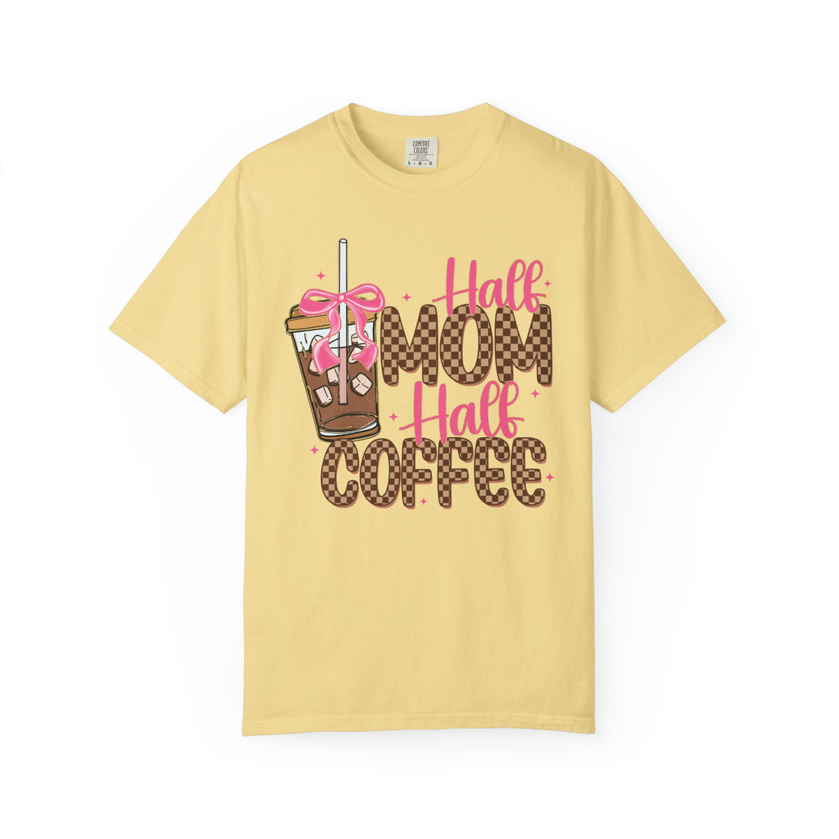Half Mom Half Coffee. Cute Leopard Print Coffee Design - Comfort Colors | Trendy Women's T-Shirt. Direct to Garment. Printed & Shipped in the USA. Unisex Sizes.