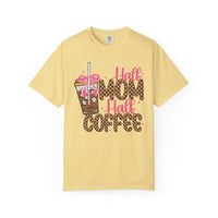 Half Mom Half Coffee. Cute Leopard Print Coffee Design - Comfort Colors | Trendy Women's T-Shirt. Direct to Garment. Printed & Shipped in the USA. Unisex Sizes.