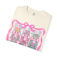 Coquette Pastel Christmas Nutcracker Trio Pink and Green - Comfort Colors | Trendy Women's T-Shirt. Direct to Garment. Printed & Shipped in the USA. Unisex Sizes.