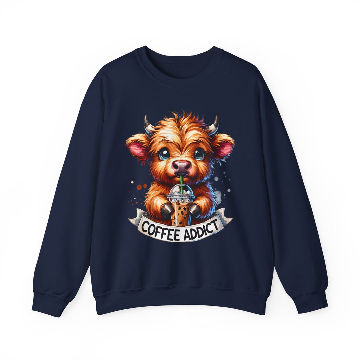 Coffee Addict Highland Cow Drinking Iced Coffee – Gildan Heavy Blend | Trendy Women’s Soft Sweatshirt. Direct to Garment. Printed & Shipped in the USA. Unisex Sizes.