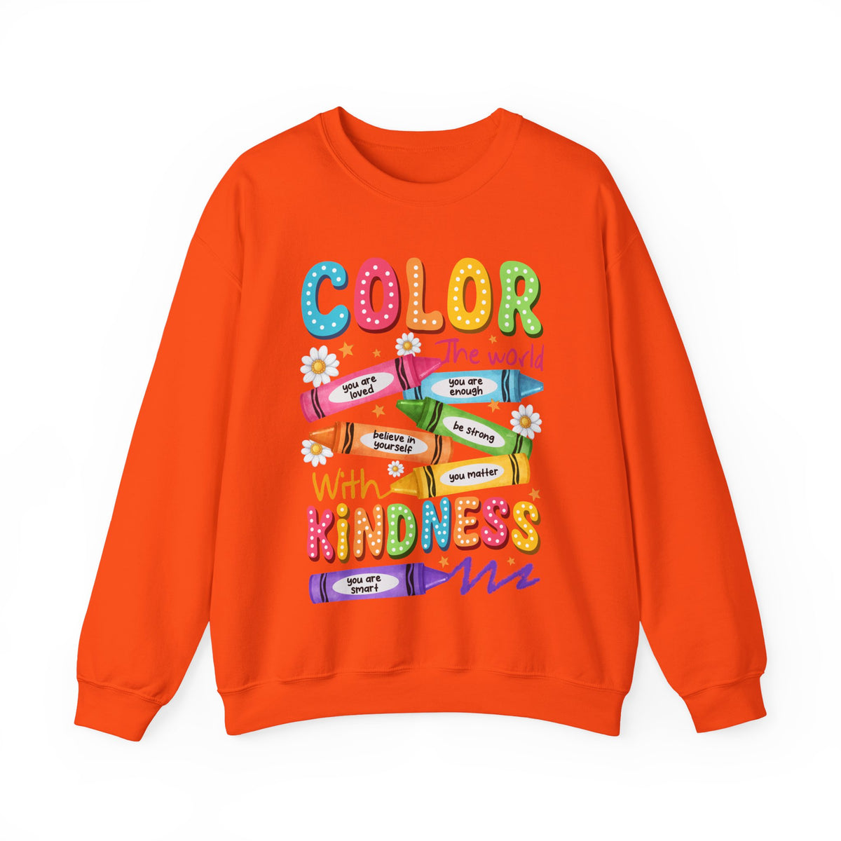 Color the World With Kindness Crayons, Great Teacher Gift – Gildan Heavy Blend | Trendy Women’s and Men's Soft Sweatshirt. Direct to Garment. Printed & Shipped in the USA. Unisex Sizes.
