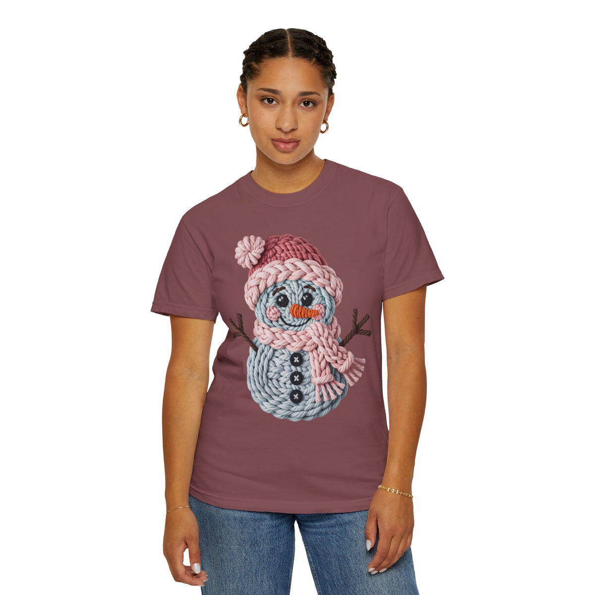 Cute Yarn Snowman - Pink Scarf - Comfort Colors | Trendy Women's T-Shirt. Direct to Garment. Printed & Shipped in the USA. Unisex Sizes.