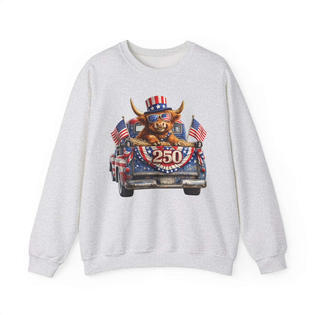 Patriotic Highland, America's 250th Birthday – Gildan Heavy Blend | Trendy Women’s and Men's Soft Sweatshirt. Direct to Garment. Printed & Shipped in the USA. Unisex Sizes.