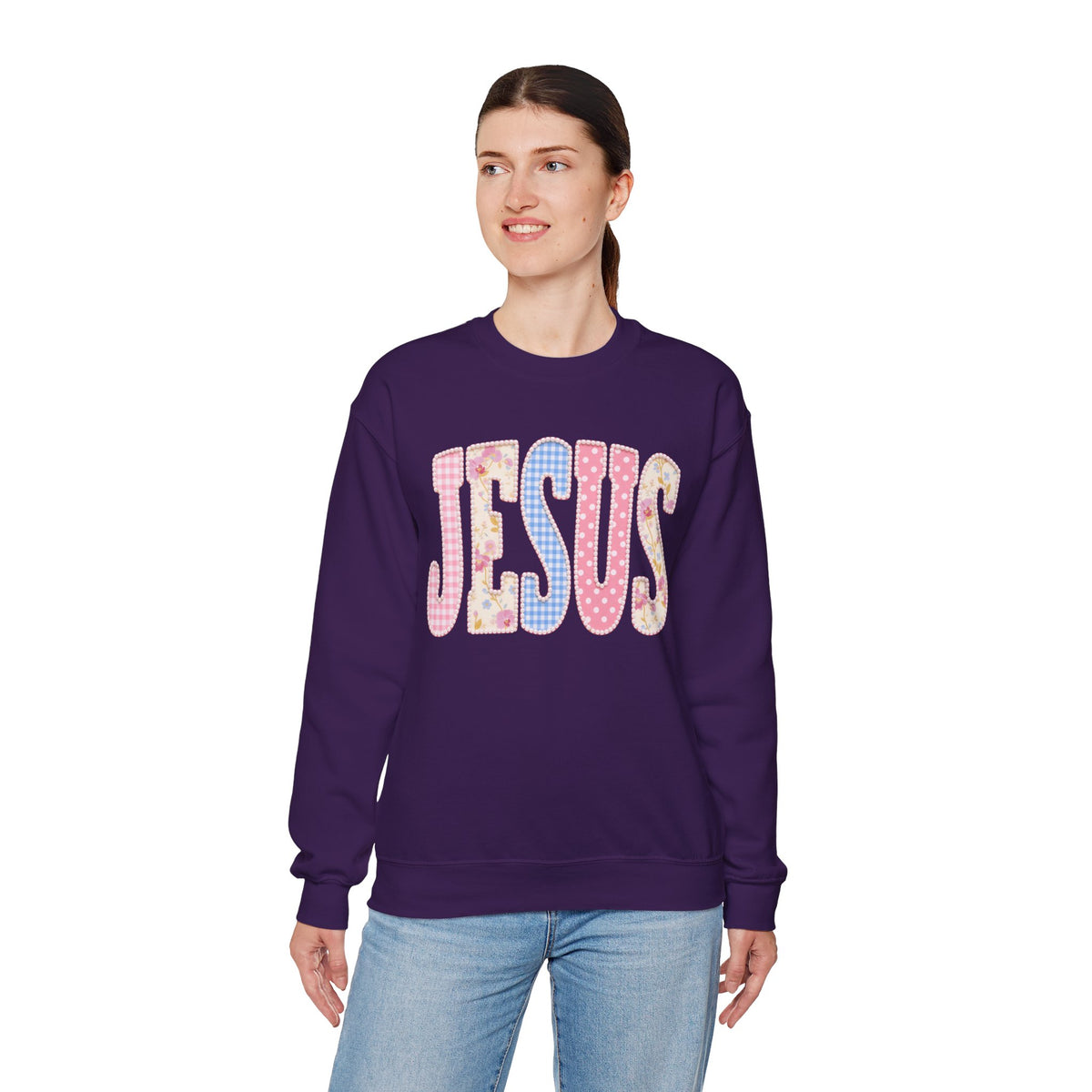 JESUS Pastel Faux Patchwork – Gildan Heavy Blend | Trendy Women’s Soft Sweatshirt. Direct to Garment. Printed & Shipped in the USA. Unisex Sizes.