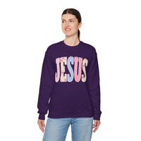 JESUS Pastel Faux Patchwork – Gildan Heavy Blend | Trendy Women’s Soft Sweatshirt. Direct to Garment. Printed & Shipped in the USA. Unisex Sizes.
