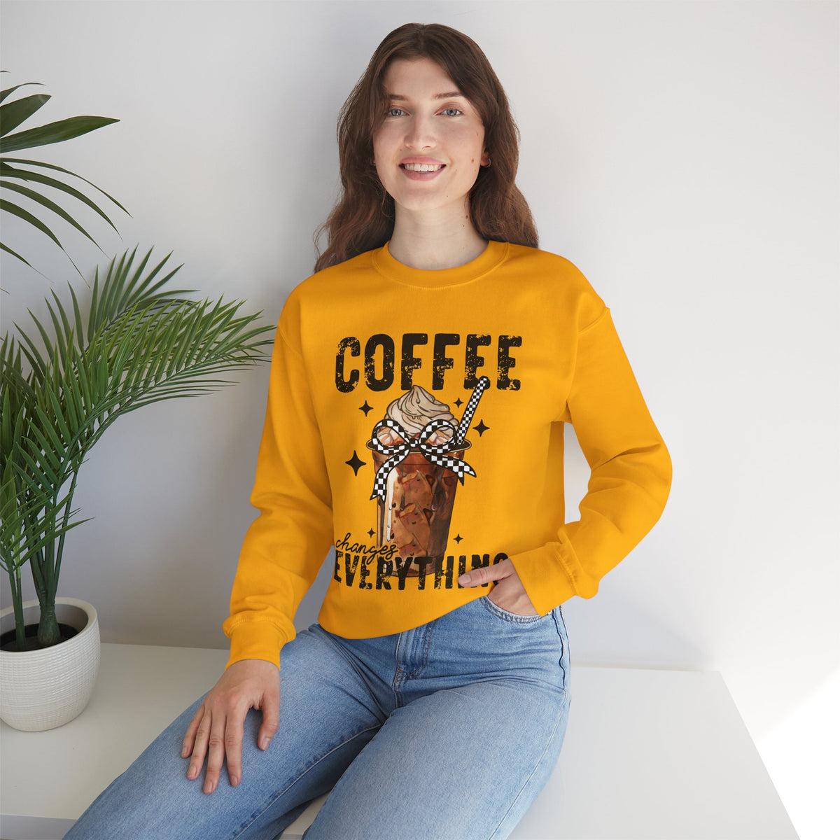 Coffee Changes Everything, Iced Coffee, Coffee Lovers – Gildan Heavy Blend | Trendy Women’s Soft Sweatshirt. Direct to Garment. Printed & Shipped in the USA. Unisex Sizes.