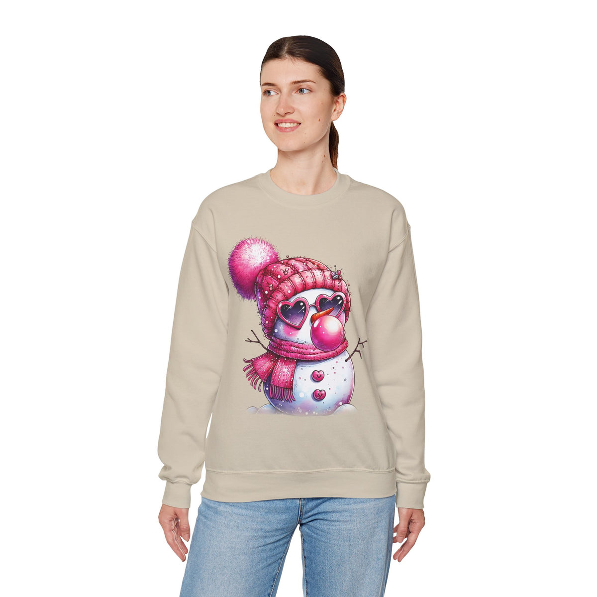 Pink Girly Snowman with Heart Sunglasses and Bubblegum - Winter – Gildan Heavy Blend | Trendy Women’s Soft Sweatshirt. Direct to Garment. Printed & Shipped in the USA. Unisex Sizes.
