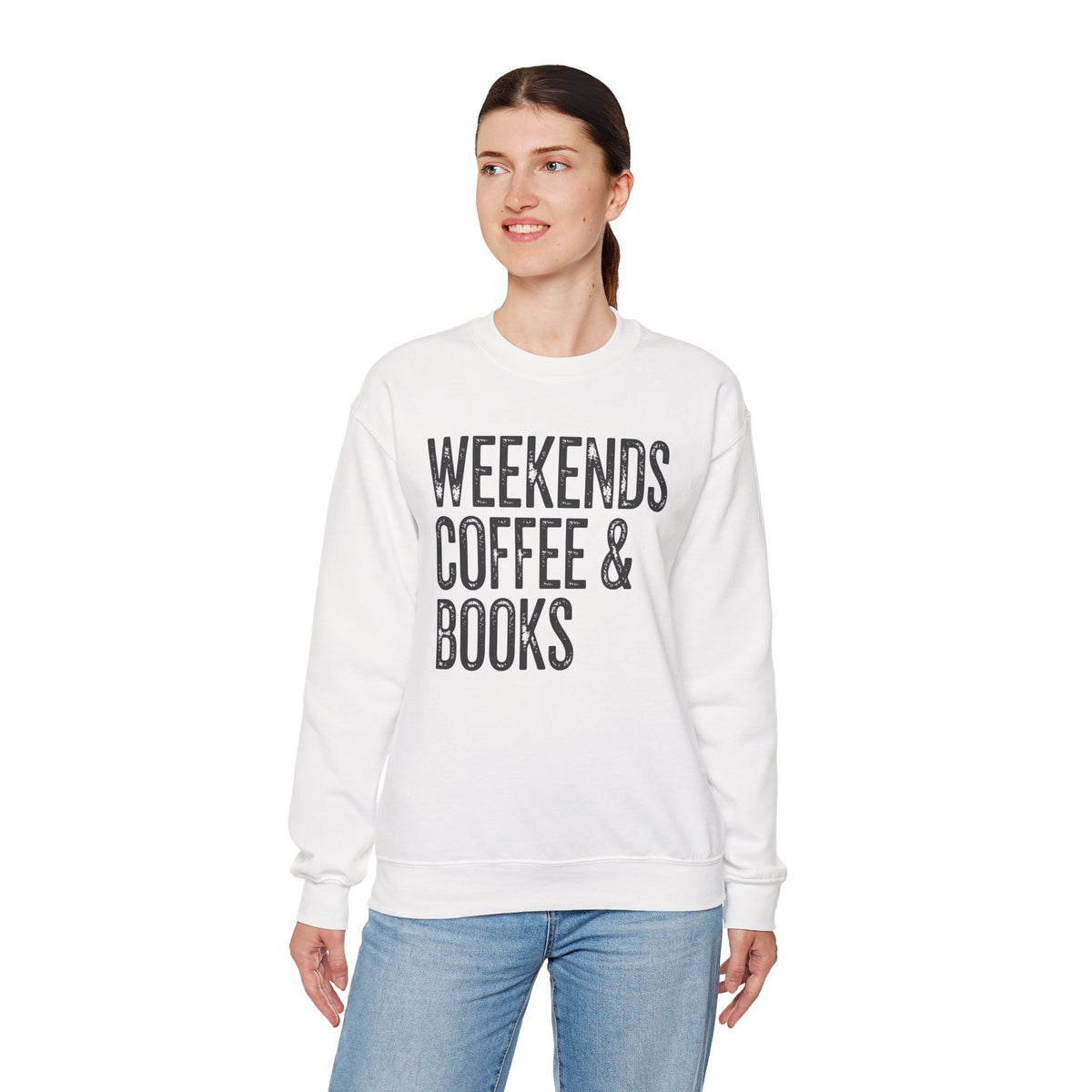 Weekends, Coffee & Books, Vintage – Gildan Heavy Blend | Trendy Women’s and Men's Soft Sweatshirt. Direct to Garment. Printed & Shipped in the USA. Unisex Sizes.