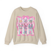 Coquette Pastel Christmas Nutcracker Trio Pink and Green – Gildan Heavy Blend | Trendy Women’s Soft Sweatshirt. Direct to Garment. Printed & Shipped in the USA. Unisex Sizes.