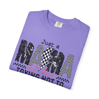 Just a Mama Out Here Trying Not To Raise Assholes - Comfort Colors | Trendy Women's T-Shirt. Direct to Garment. Printed & Shipped in the USA. Unisex Sizes.