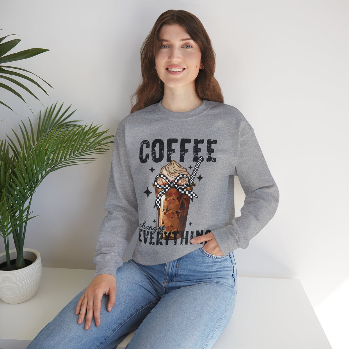 Coffee Changes Everything, Iced Coffee, Coffee Lovers – Gildan Heavy Blend | Trendy Women’s Soft Sweatshirt. Direct to Garment. Printed & Shipped in the USA. Unisex Sizes.