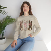 Easter Bunny Trio - Checkered, Floral & Leopard – Gildan Heavy Blend | Trendy Women’s Soft Sweatshirt. Direct to Garment. Printed & Shipped in the USA. Unisex Sizes.
