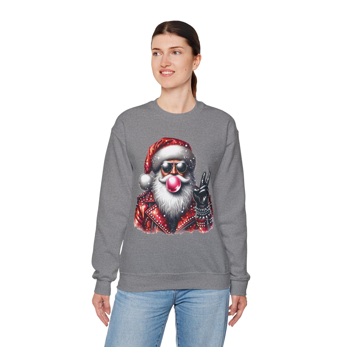 Biker Santa Leather Jacket Bubblegum – Gildan Heavy Blend | Trendy Women’s and Men's Soft Sweatshirt. Direct to Garment. Printed & Shipped in the USA. Unisex Sizes.