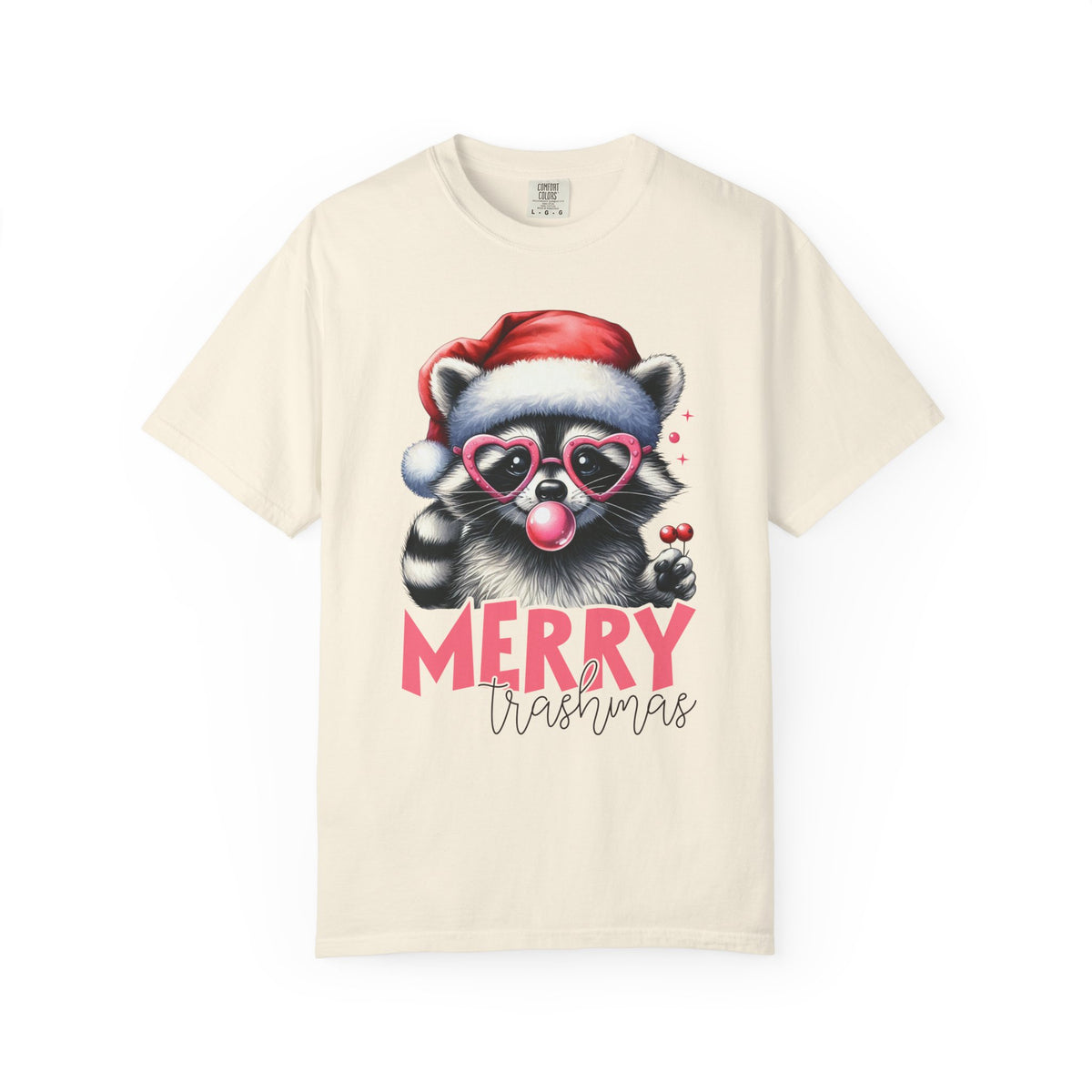 Merry Trashmas Bubblegum Raccoon w/Santa Hat Christmas - Comfort Colors | Trendy Women's T-Shirt. Direct to Garment. Printed & Shipped in the USA. Unisex Sizes.