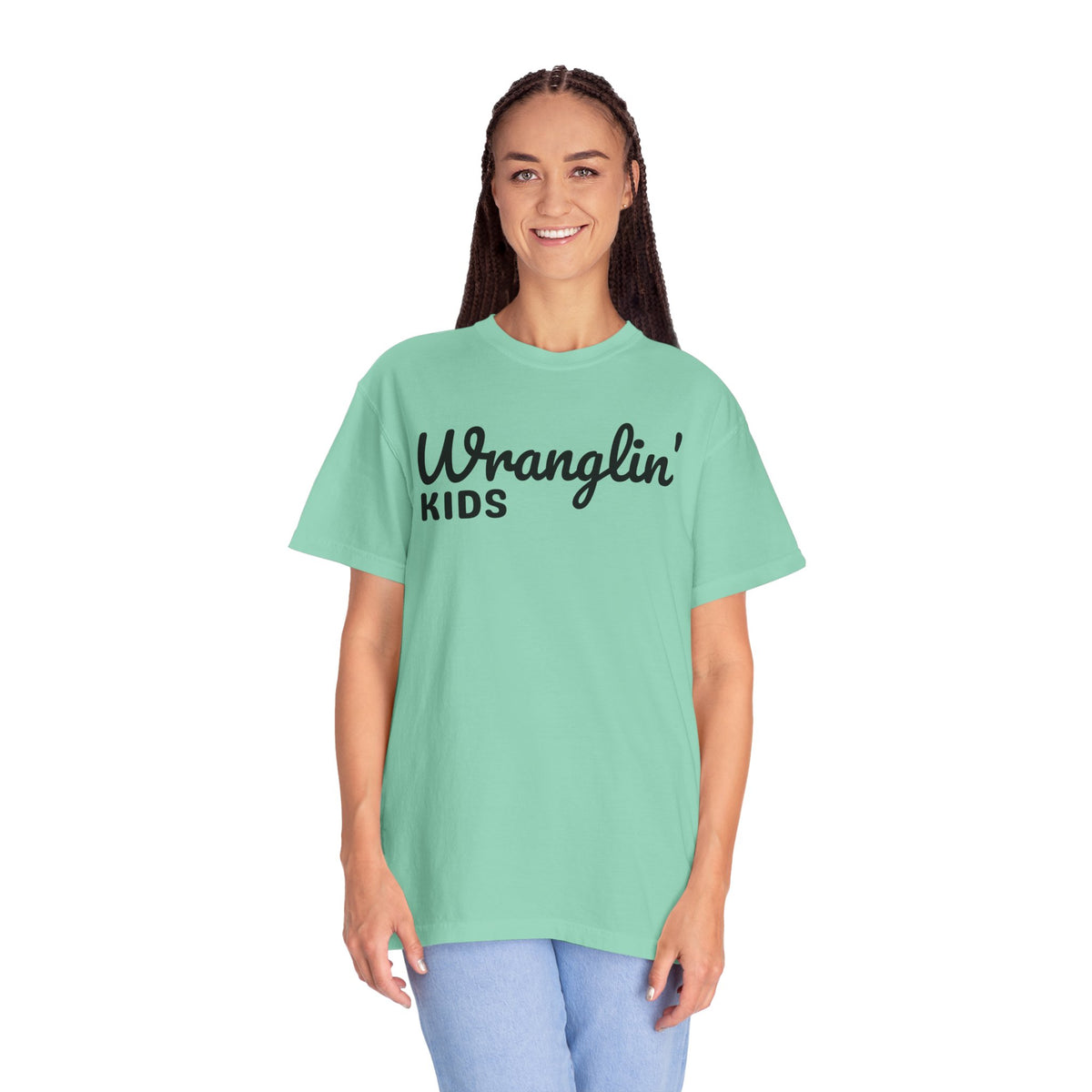 Wranglin' Kids Funny Mom Dad   - Comfort Colors | Trendy Women's and Men's T-Shirt. Direct to Garment. Printed & Shipped in the USA. Unisex Sizes.