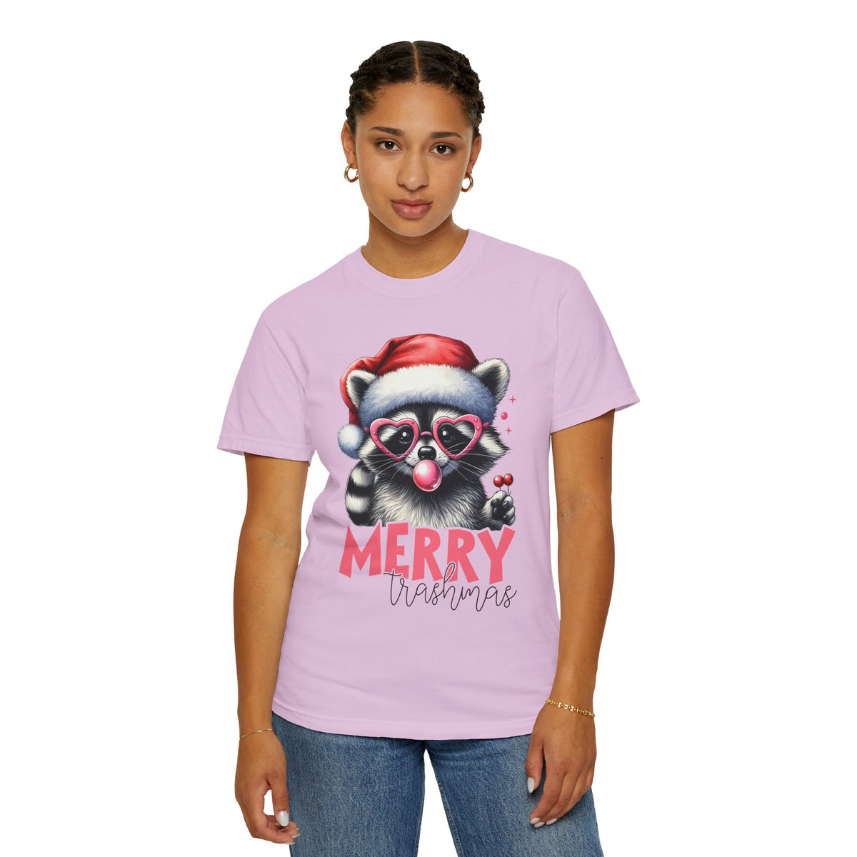 Merry Trashmas Bubblegum Raccoon w/Santa Hat Christmas - Comfort Colors | Trendy Women's T-Shirt. Direct to Garment. Printed & Shipped in the USA. Unisex Sizes.