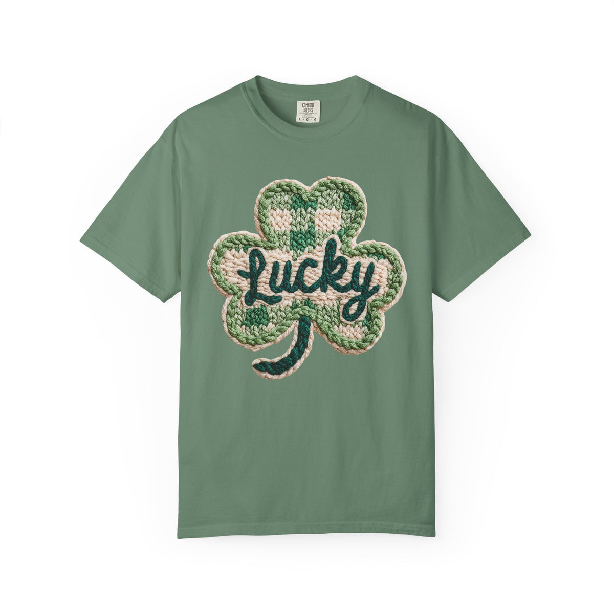 Lucky Shamrock Faux Knit - Comfort Colors | Trendy Men's and Women's T-Shirt. Direct to Garment. Printed & Shipped in the USA. Unisex Sizes.