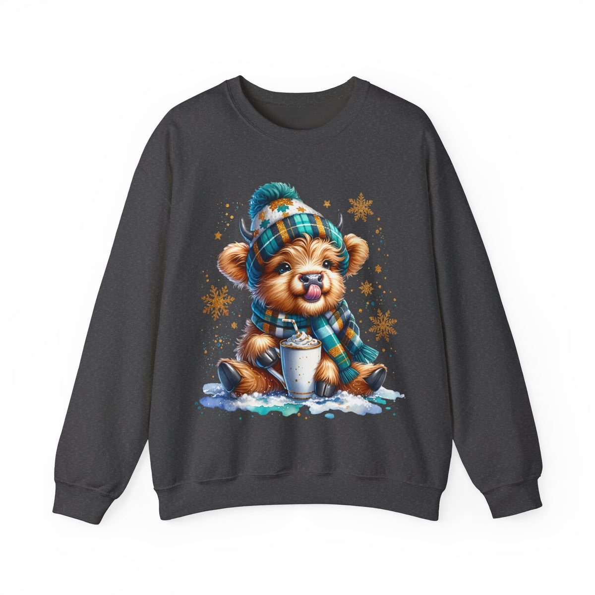 Winter Baby Highland Cow with Cocoa – Gildan Heavy Blend | Trendy Women’s Soft Sweatshirt. Direct to Garment. Printed & Shipped in the USA. Unisex Sizes.