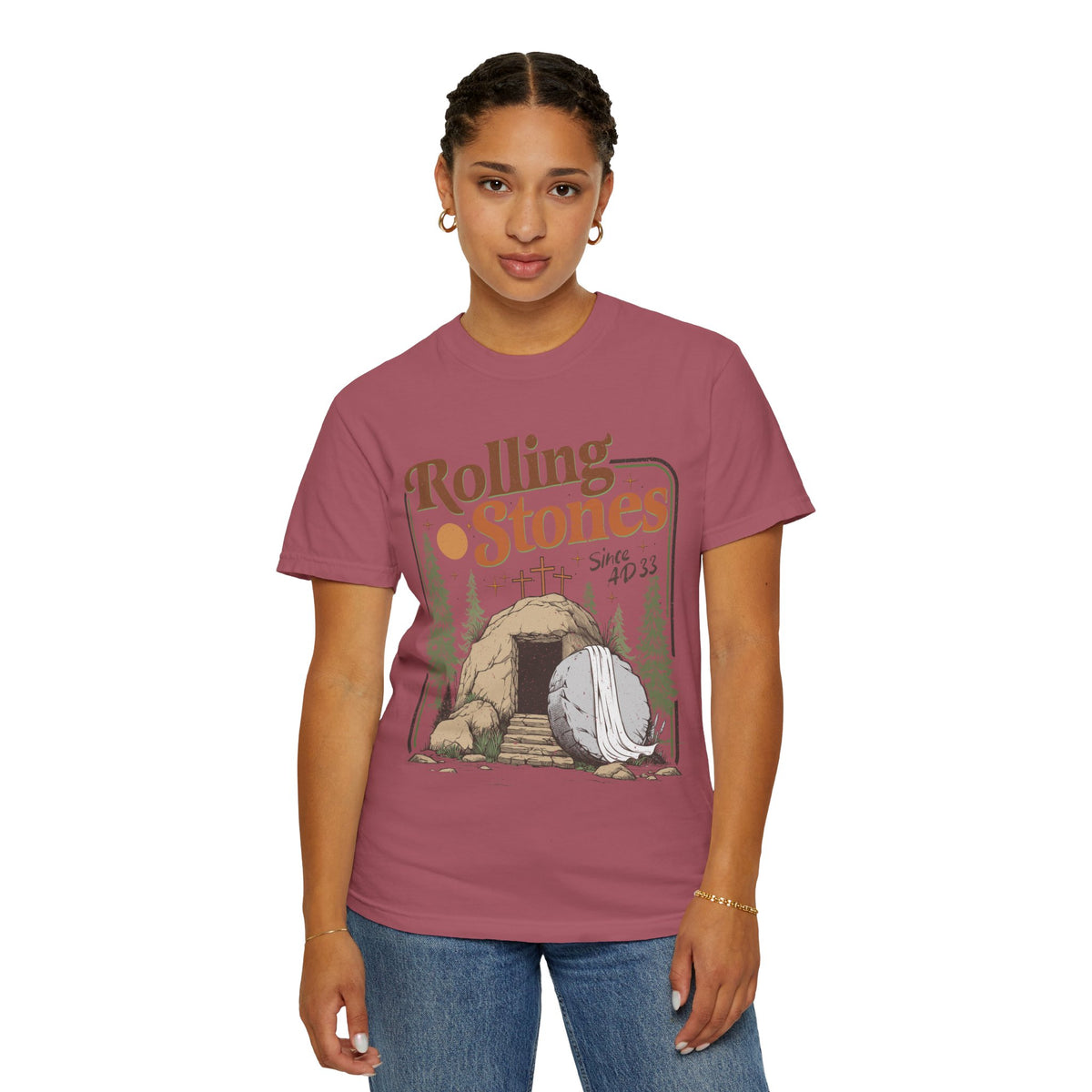 Rolling Stones "Since AD 33" Easter Empty Tomb Christian - Comfort Colors | Trendy Men's and Women's T-Shirt. Direct to Garment. Printed & Shipped in the USA. Unisex Sizes.