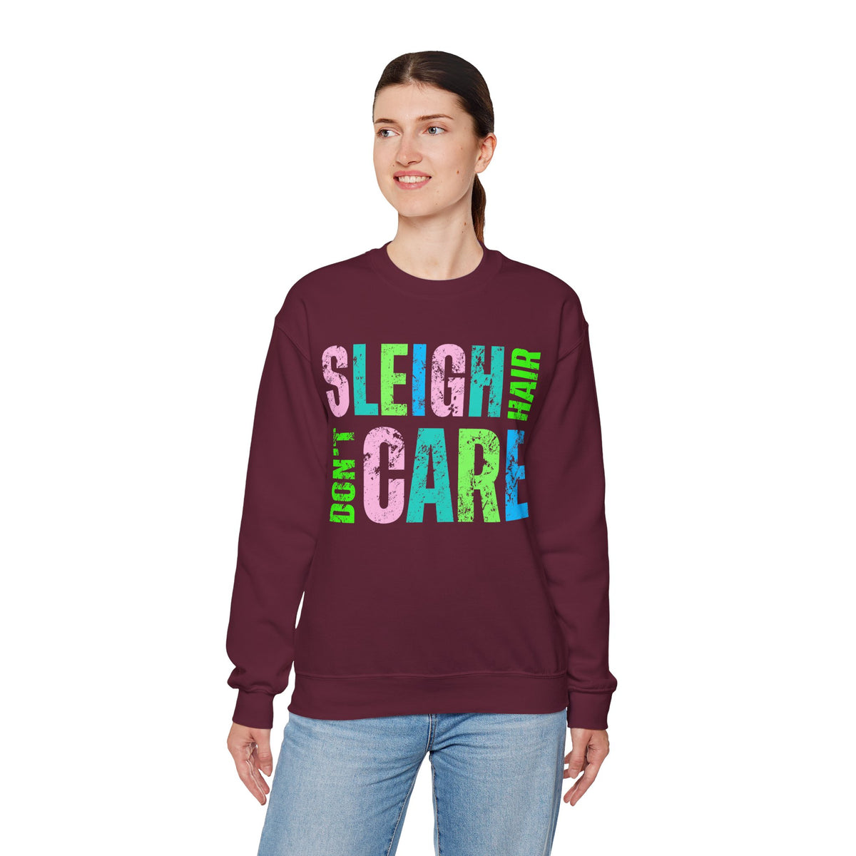 Sleigh Hair Don’t Care, Funny Christmas Graphic Tee – Gildan Heavy Blend | Trendy Women’s Soft Sweatshirt. Direct to Garment. Printed & Shipped in the USA. Unisex Sizes.
