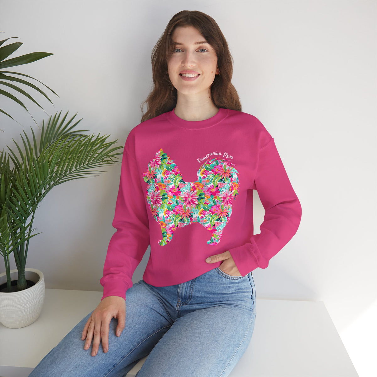 Pomeranian Mom, Floral – Gildan Heavy Blend | Trendy Women’s Soft Sweatshirt. Direct to Garment. Printed & Shipped in the USA. Unisex Sizes.