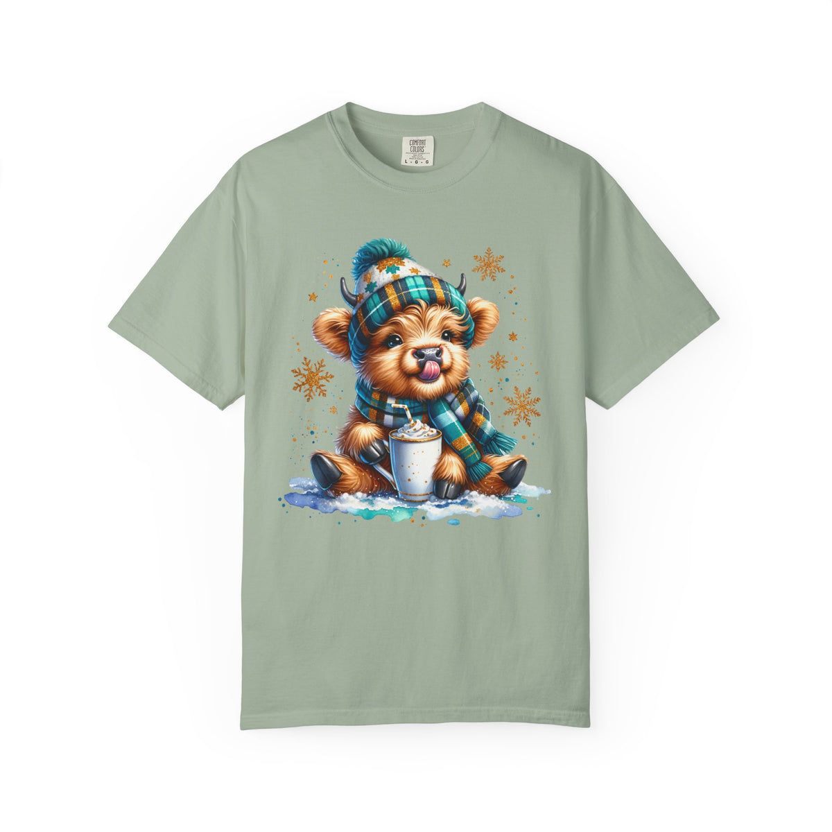 Winter Baby Highland Cow with Cocoa  - Comfort Colors | Trendy Women's T-Shirt. Direct to Garment. Printed & Shipped in the USA. Unisex Sizes.