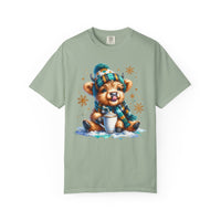 Winter Baby Highland Cow with Cocoa  - Comfort Colors | Trendy Women's T-Shirt. Direct to Garment. Printed & Shipped in the USA. Unisex Sizes.