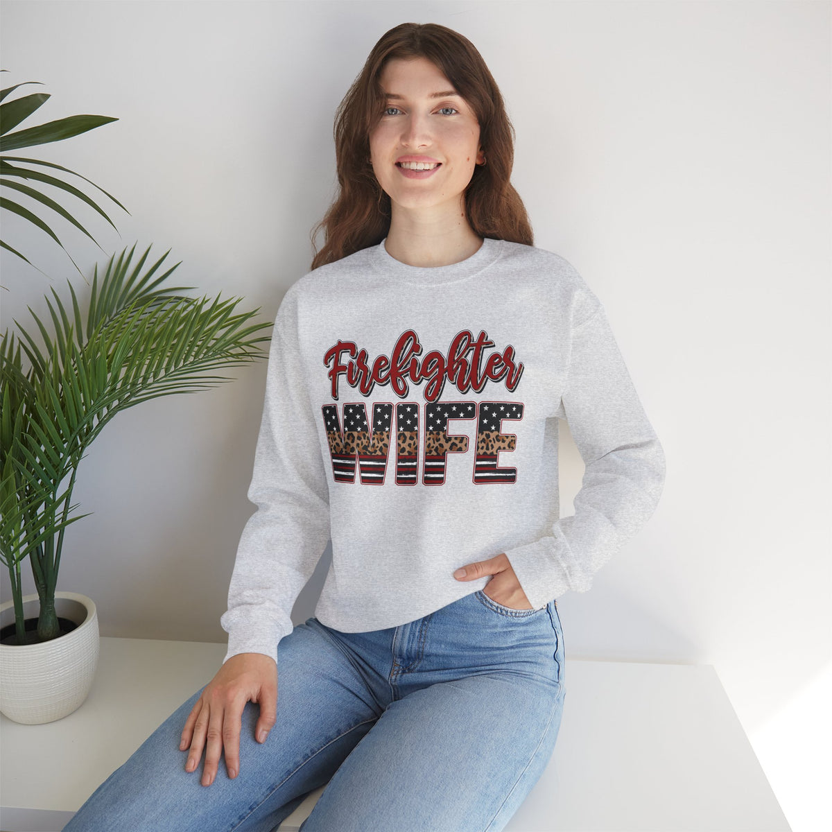 Firefighter Wife Patriotic Flag Lettering for Firefighter Spouse – Gildan Heavy Blend | Trendy Women’s Soft Sweatshirt. Direct to Garment. Printed & Shipped in the USA. Unisex Sizes.