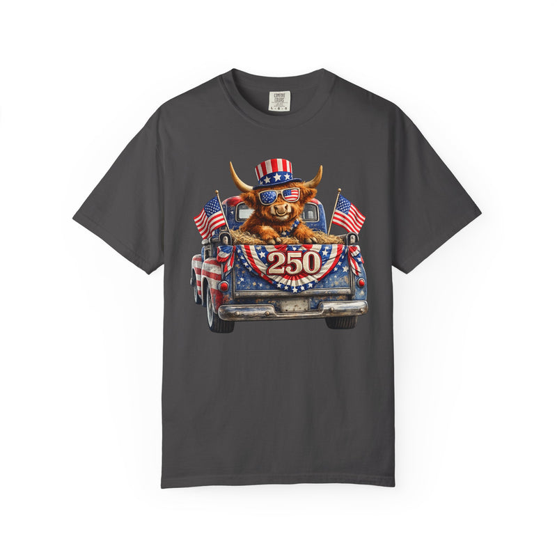 Patriotic Highland, America's 250th Birthday - Comfort Colors | Trendy Women's and Men's T-Shirt. Direct to Garment. Printed & Shipped in the USA. Unisex Sizes.