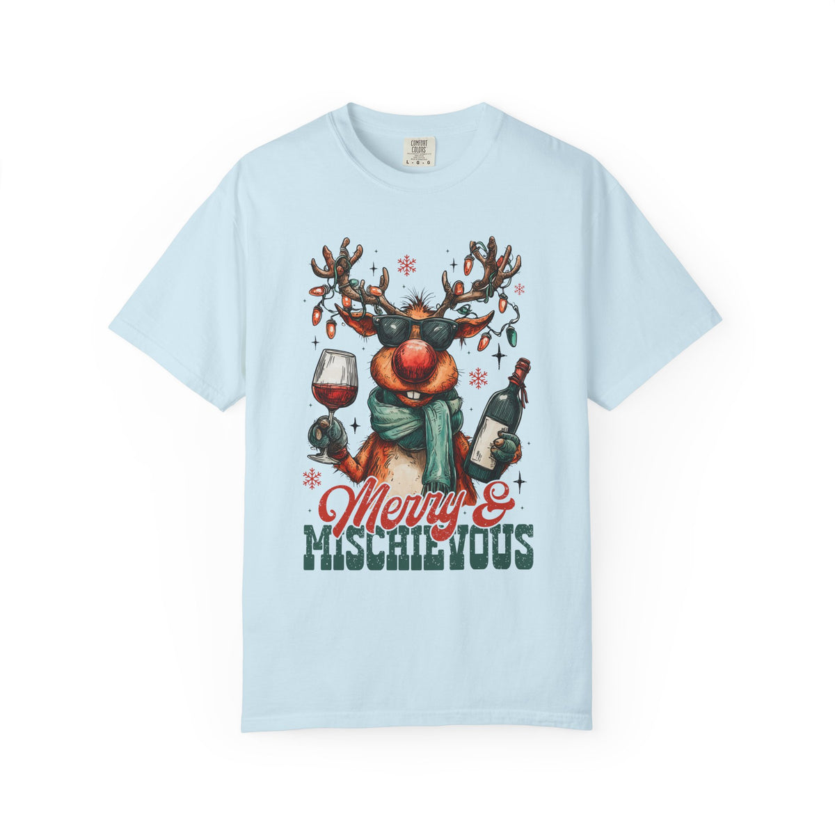 Merry & Mischievous Reindeer - Comfort Colors | Trendy Women's and Men's T-Shirt. Direct to Garment. Printed & Shipped in the USA. Unisex Sizes.