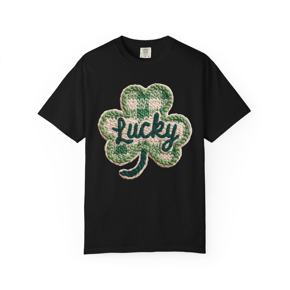 Lucky Shamrock Faux Knit - Comfort Colors | Trendy Men's and Women's T-Shirt. Direct to Garment. Printed & Shipped in the USA. Unisex Sizes.