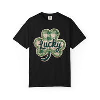 Lucky Shamrock Faux Knit - Comfort Colors | Trendy Men's and Women's T-Shirt. Direct to Garment. Printed & Shipped in the USA. Unisex Sizes.