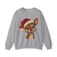 Cute Rudolph Faux Knit Look Reindeer w/Santa Hat – Gildan Heavy Blend | Trendy Women’s Soft Sweatshirt. Direct to Garment. Printed & Shipped in the USA. Unisex Sizes.