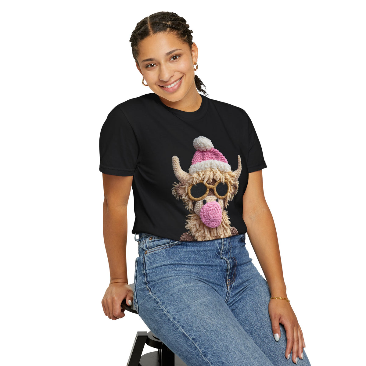 Faux Crochet Highland Cow Bubblegum - Comfort Colors | Trendy Women's T-Shirt. Direct to Garment. Printed & Shipped in the USA. Unisex Sizes.