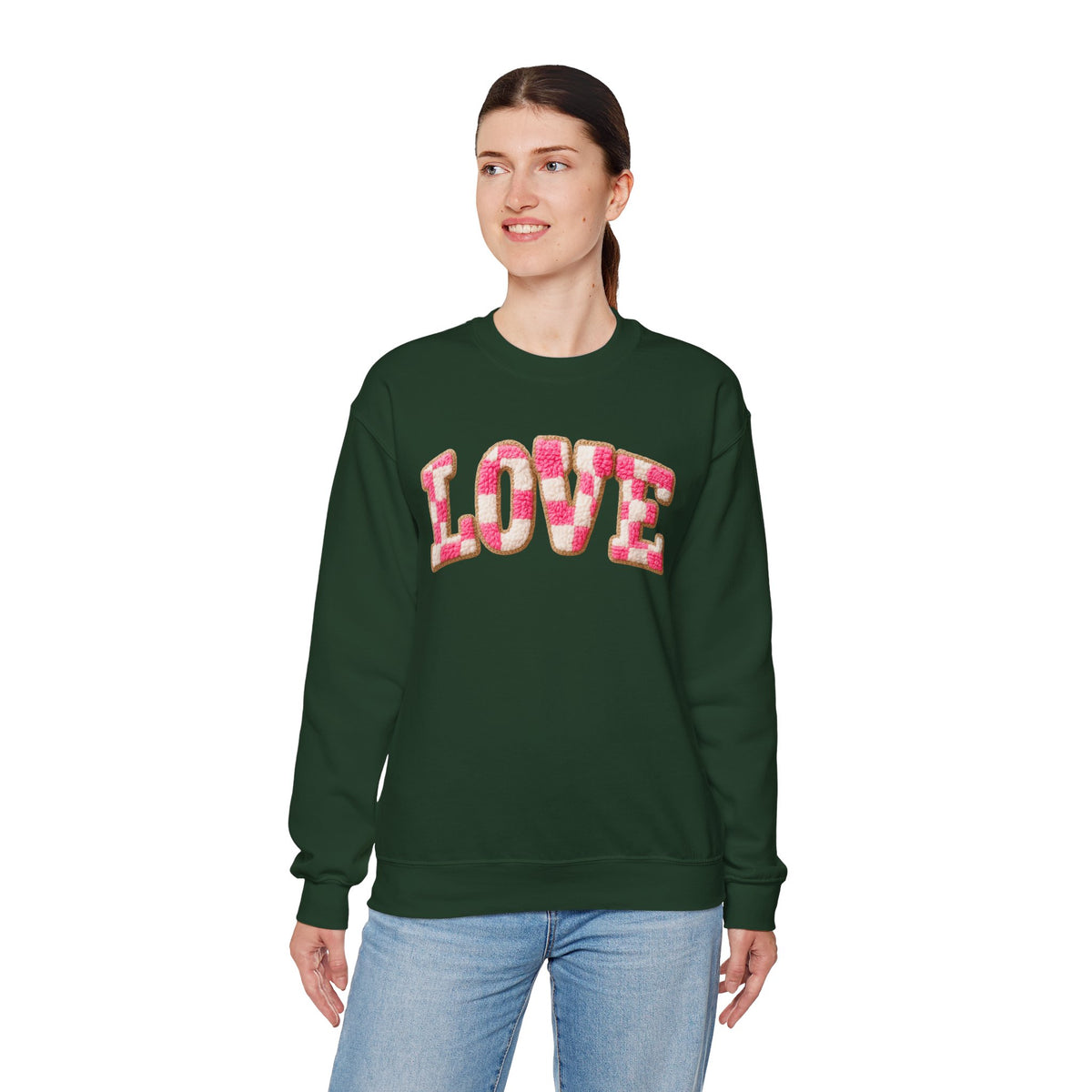 Faux Crochet Checkered LOVE – Gildan Heavy Blend | Trendy Women’s Soft Sweatshirt. Direct to Garment. Printed & Shipped in the USA. Unisex Sizes.