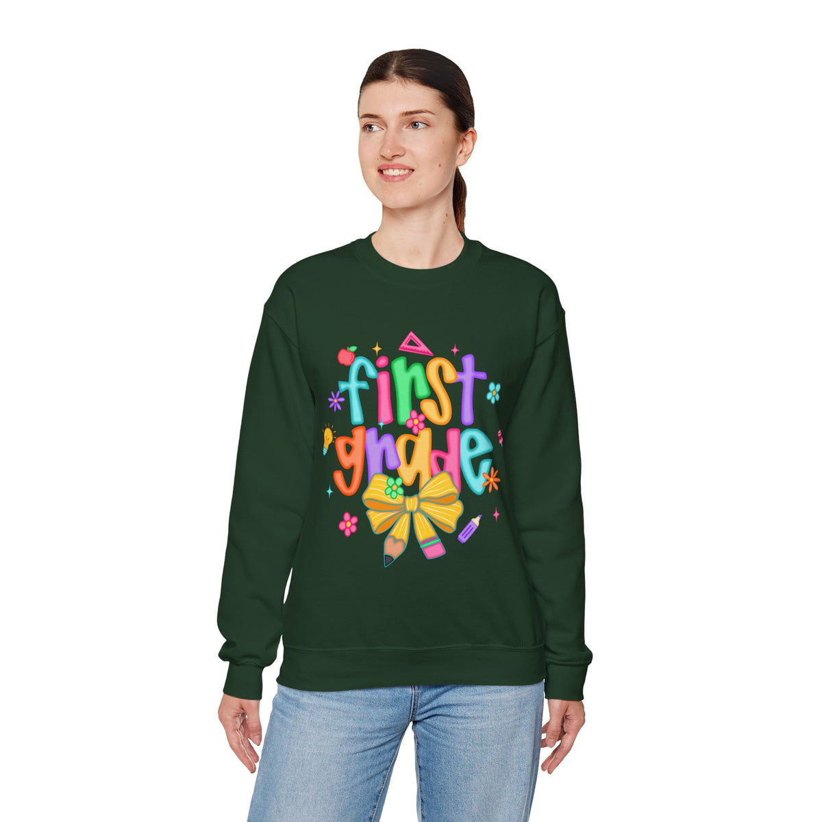 Coquette First Grade Pencil Bow – Gildan Heavy Blend | Trendy Women’s Soft Sweatshirt. Direct to Garment. Printed & Shipped in the USA. Unisex Sizes.