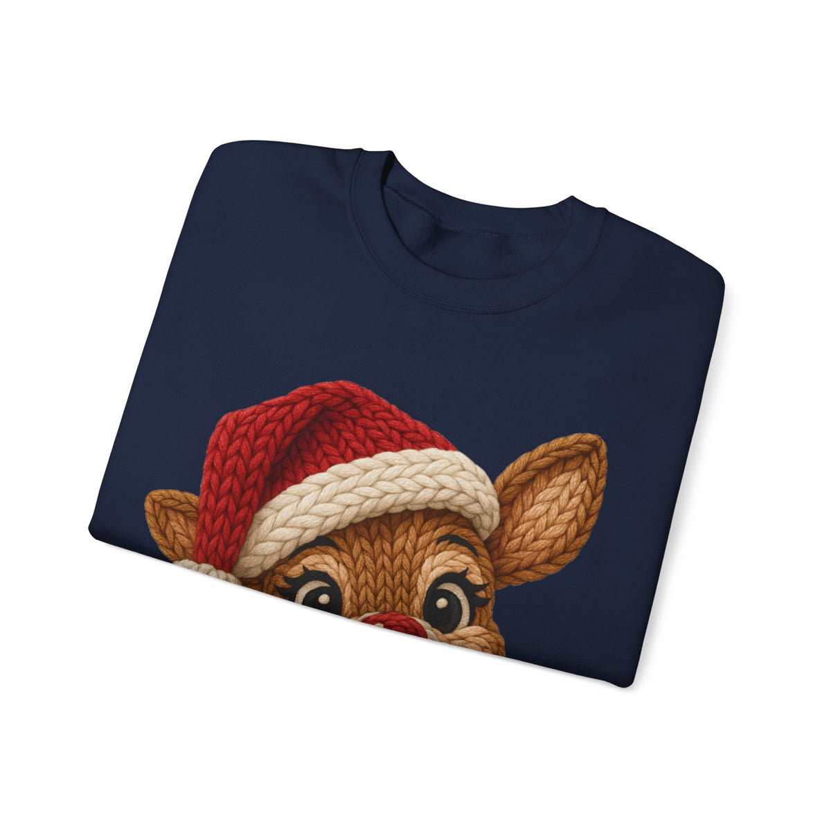 Cute Rudolph Faux Knit Look Reindeer w/Santa Hat – Gildan Heavy Blend | Trendy Women’s Soft Sweatshirt. Direct to Garment. Printed & Shipped in the USA. Unisex Sizes.