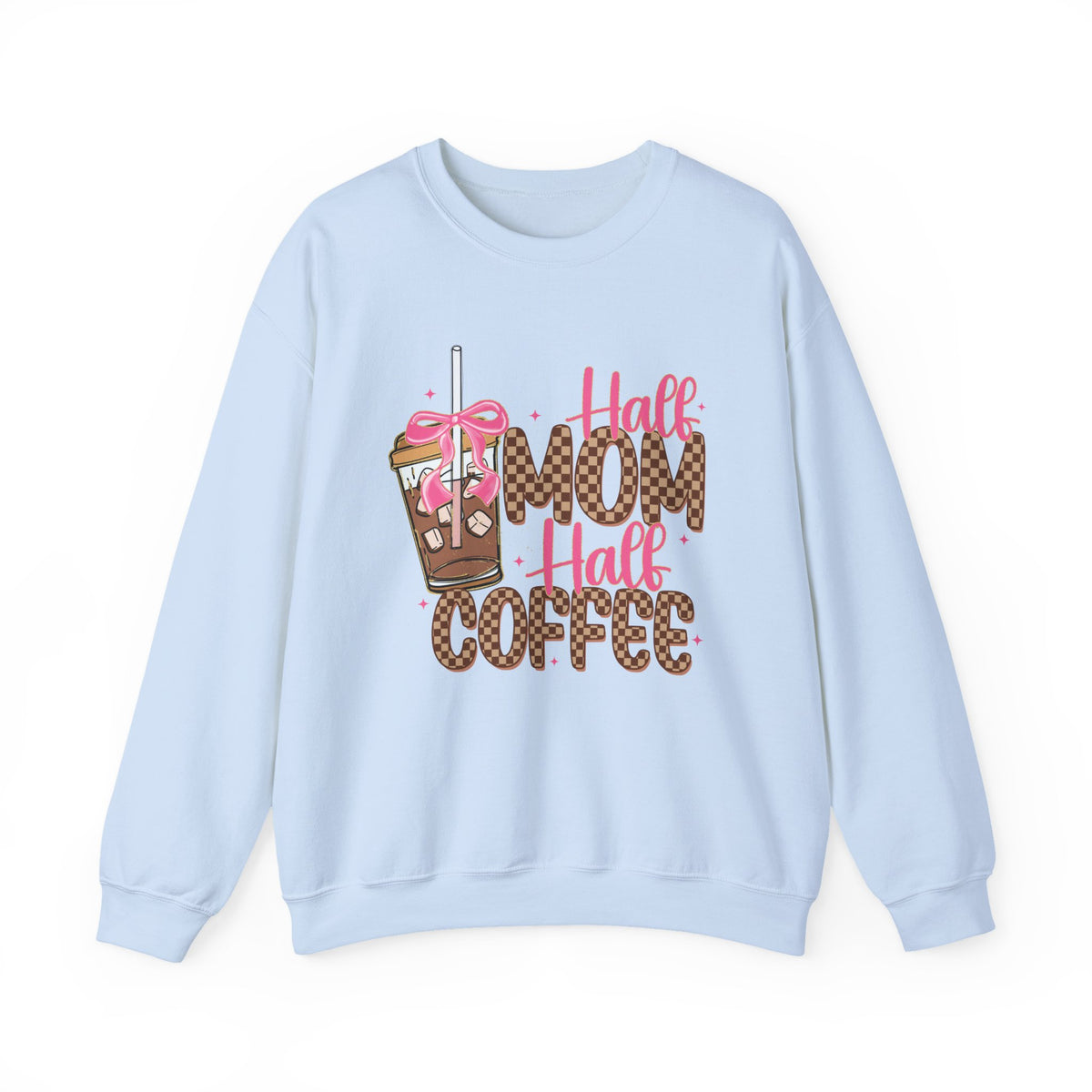Half Mom Half Coffee, Cute Leopard Print Coffee Design – Gildan Heavy Blend | Trendy Women’s Soft Sweatshirt. Direct to Garment. Printed & Shipped in the USA. Unisex Sizes.