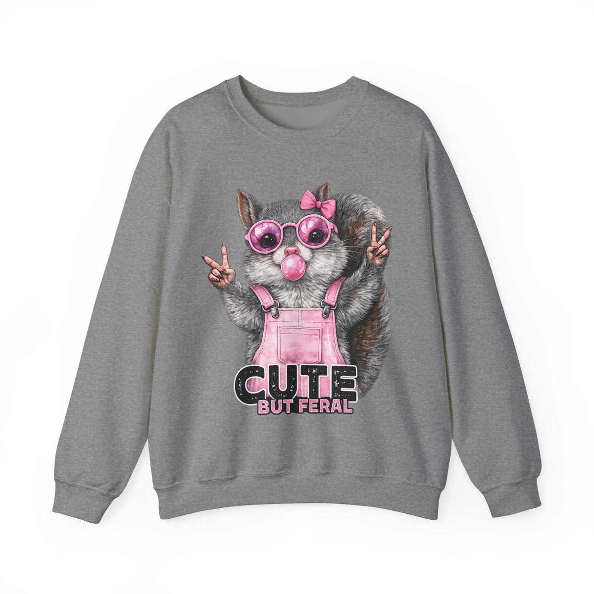 Cute But Feral, Squirrel in Pink Bibs – Gildan Heavy Blend | Trendy Women’s Soft Sweatshirt. Direct to Garment. Printed & Shipped in the USA. Unisex Sizes.