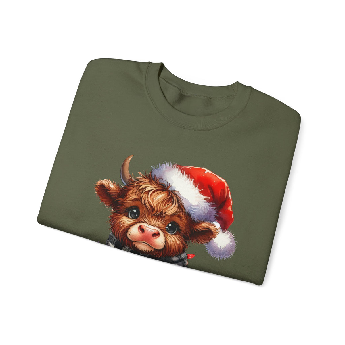 Cute Highland Cow Santa Hat Scarf Christmas Lights – Gildan Heavy Blend | Trendy Women’s Soft Sweatshirt. Direct to Garment. Printed & Shipped in the USA. Unisex Sizes.