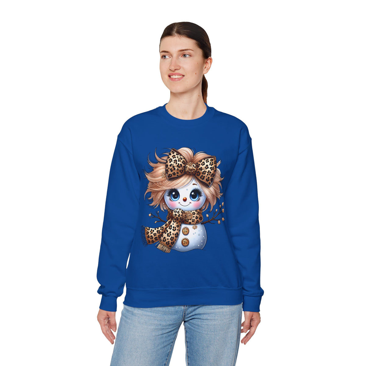 Snowgirl Cute Leopard Bow Snowman, Winter Cozy – Gildan Heavy Blend | Trendy Women’s Soft Sweatshirt. Direct to Garment. Printed & Shipped in the USA. Unisex Sizes.