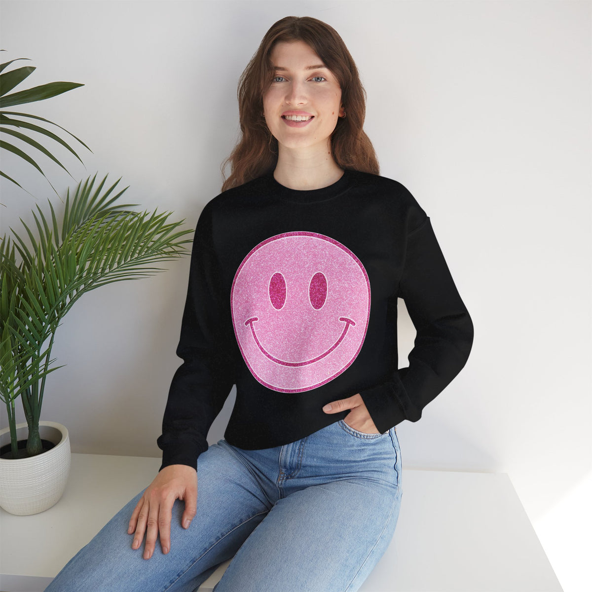Glitter Smiley – Gildan Heavy Blend | Trendy Women’s Soft Sweatshirt. Direct to Garment. Printed & Shipped in the USA. Unisex Sizes.